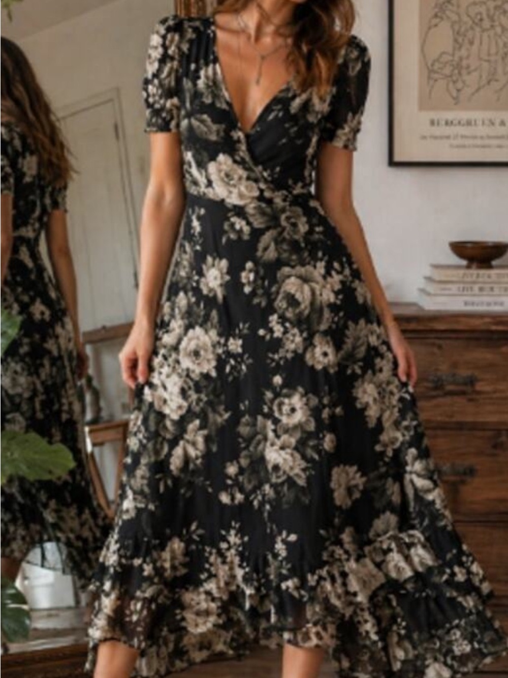 Denim & Supply Ralph Lauren Black and Cream Floral Wrap Midi Dress